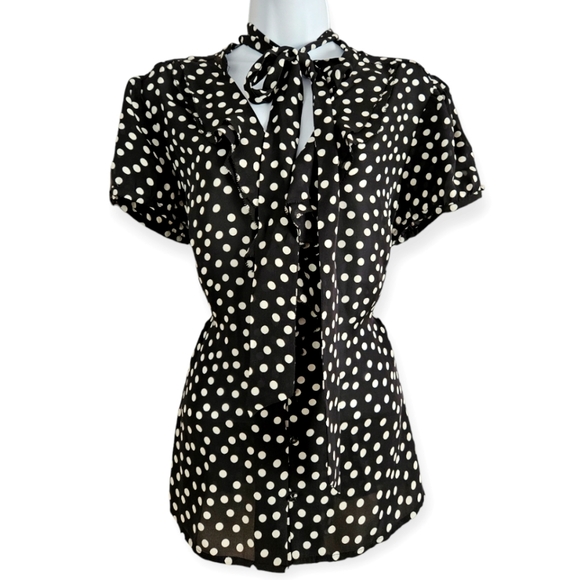 White House Black Market Tops - NWOT WHBM black white polka dot tie neck silk blouse top Womens 10